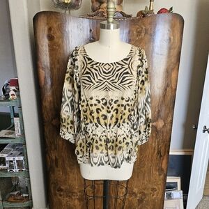 Johnny Was 100% Silk Beige and Black Animal Print Blouse